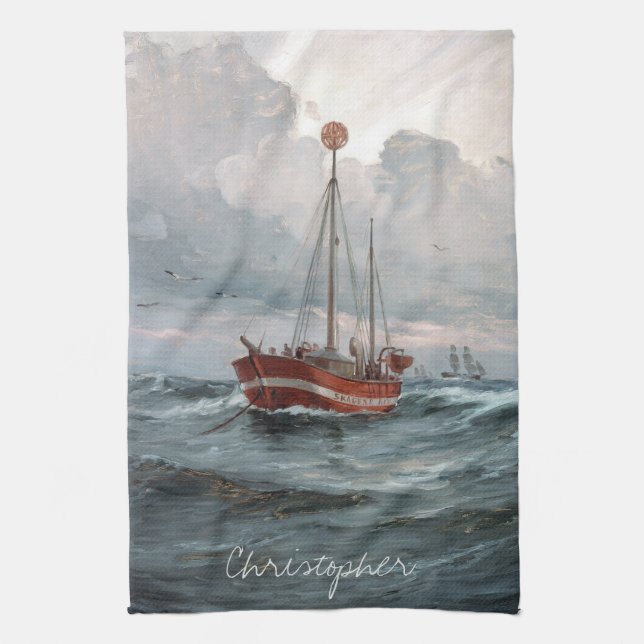 The lightship at Skagen Reef Personalise Tea Towel (Vertical)