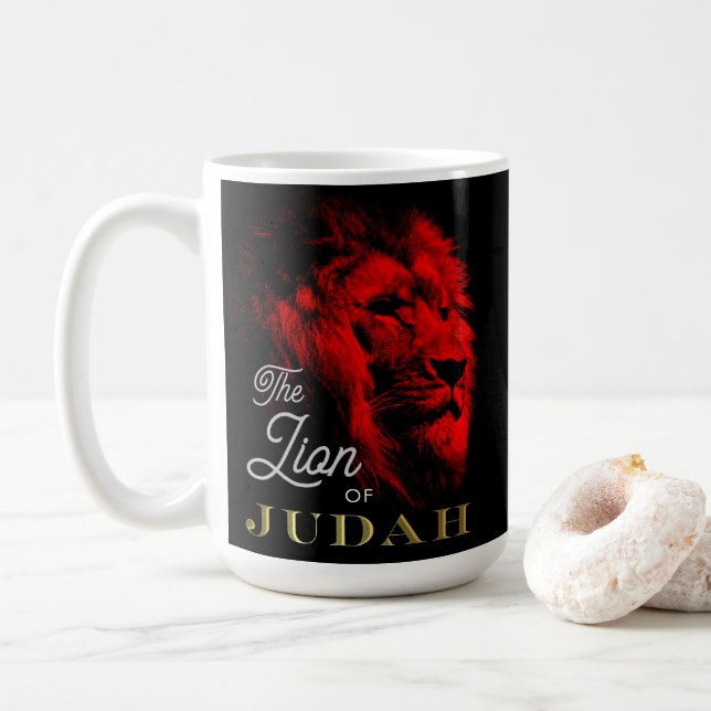 The Lion of Judah Black Red Gold Christian Coffee Mug (With Donut)