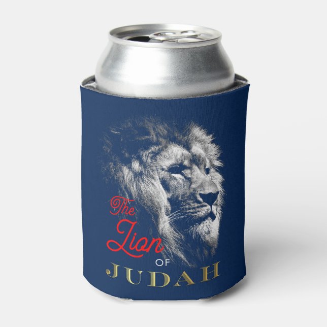 The Lion of Judah Navy Blue Red Gold Christian Can Cooler (Can Front)