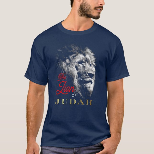 The Lion of Judah Navy Blue Red Gold Christian T-Shirt (Front)
