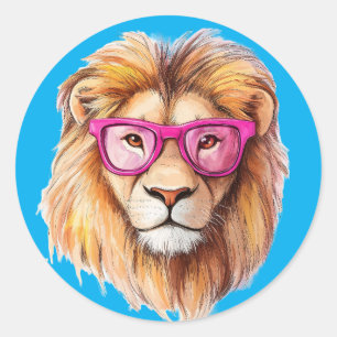 The Lion with Pink Glasses Dark Blue Background Classic Round Sticker
