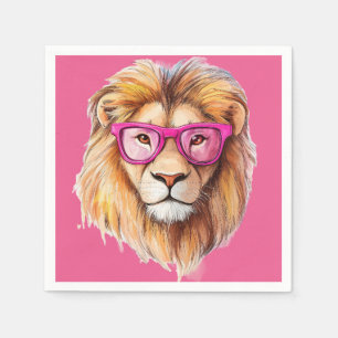 The Lion with Pink Glasses - Pink Background Napkin