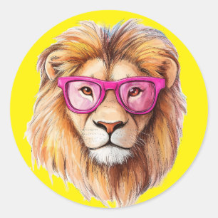 The Lion with Pink Glasses Yellow Background Classic Round Sticker