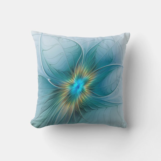 The little Beauty Modern Blue Gold Fractal Flower Cushion (Front)