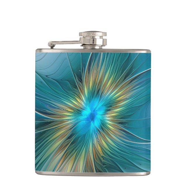 The little Beauty Modern Blue Gold Fractal Flower Hip Flask (Front)