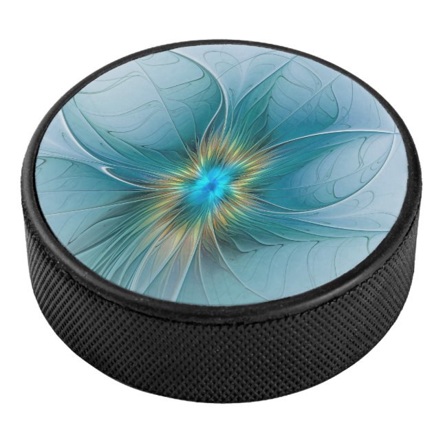 The little Beauty Modern Blue Gold Fractal Flower Hockey Puck (3/4)