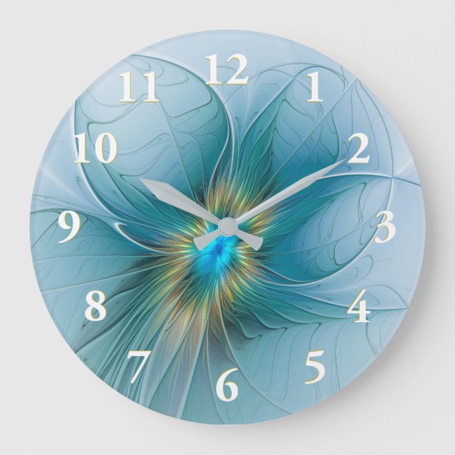The little Beauty Modern Blue Gold Fractal Flower Large Clock (Front)