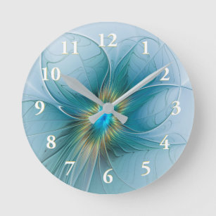 The little Beauty Modern Blue Gold Fractal Flower Round Clock