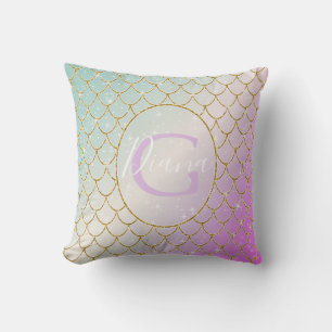 The Little Mermaid. Golden scales on a pink, turqu Cushion