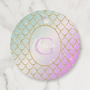The Little Mermaid. Golden scales on a pink, turqu Favour Tags