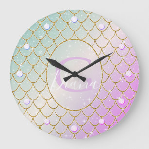 The Little Mermaid. Golden scales on a pink, turqu Large Clock