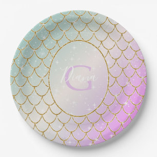 The Little Mermaid. Golden scales on a pink, turqu Paper Plate