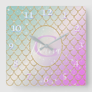 The Little Mermaid. Golden scales on a pink, turqu Square Wall Clock
