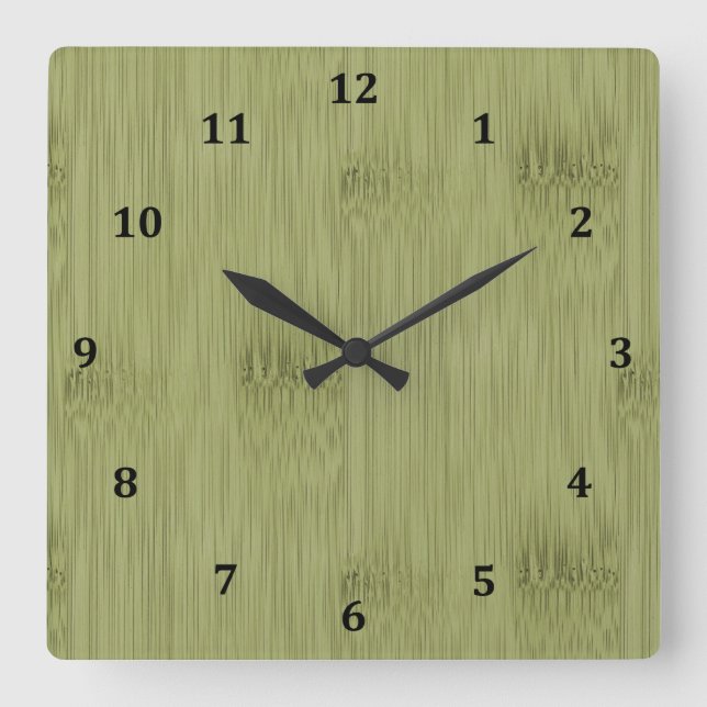 The Look of Bamboo in Olive Moss Green Wood Grain Square Wall Clock (Front)