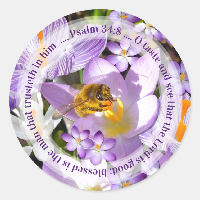 The Lord is Good, Bee on Crocus Flower Classic Round Sticker (Front)