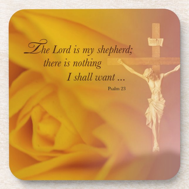The Lord is Shepherd, Cross & Yellow Rose Coaster (Front)