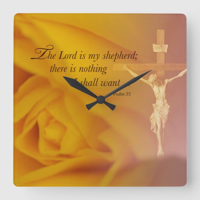 The Lord is Shepherd, Cross & Yellow Rose Square Wall Clock (Front)