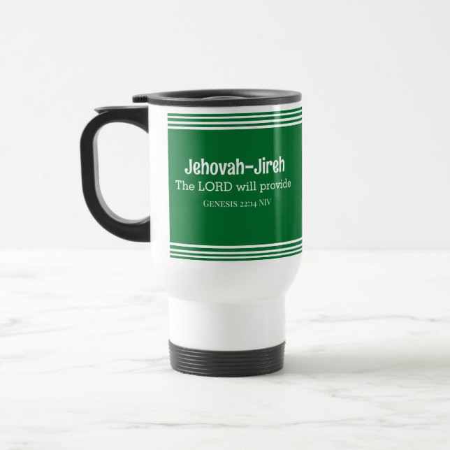 The Lord Will Provide Bible Verse Striped Green Travel Mug (Left)