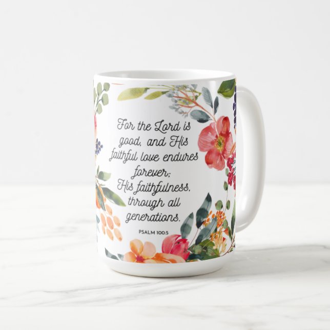 The Lord's Love Endures Psalm Bright Floral Mug (Front Right)