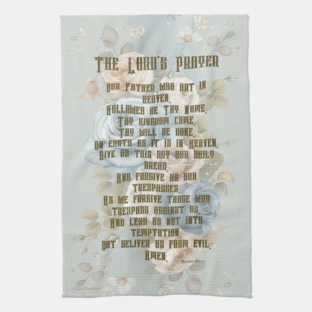The Lord's Prayer Kitchen Towel Blue Pastel Floral (Vertical)