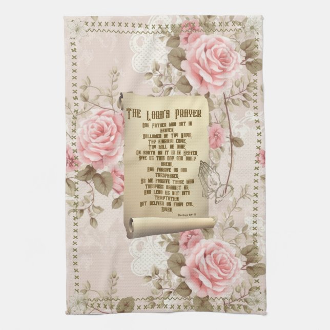 The Lord's Prayer Kitchen Towel Pink Roses (Vertical)