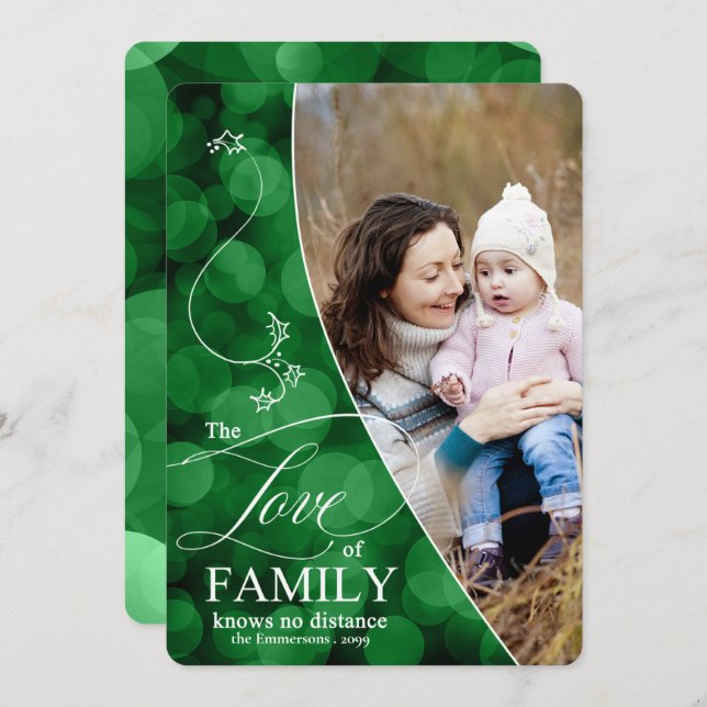 The Love of Family Green Bokeh Christmas Photo Hol Holiday Card (Front/Back)