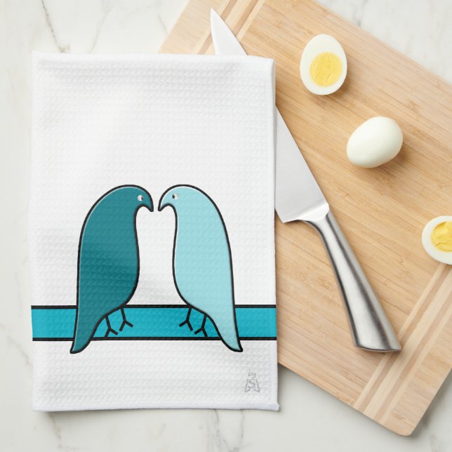 The Lovebirds in Aqua and Teal on White Tea Towel (Quarter Fold)