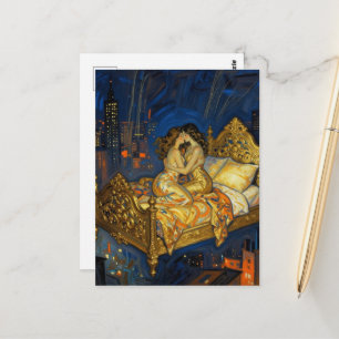 The Lovers Kiss Magical Bed Above the City Postcard