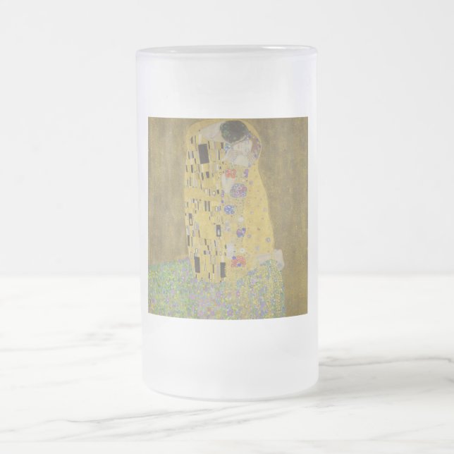 The Lovers Kissing Embrace by Gustav Klimt Frosted Glass Beer Mug (Center)