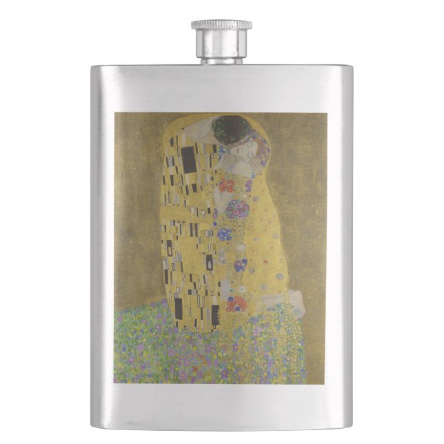 The Lovers Kissing Embrace by Gustav Klimt Hip Flask (Front)