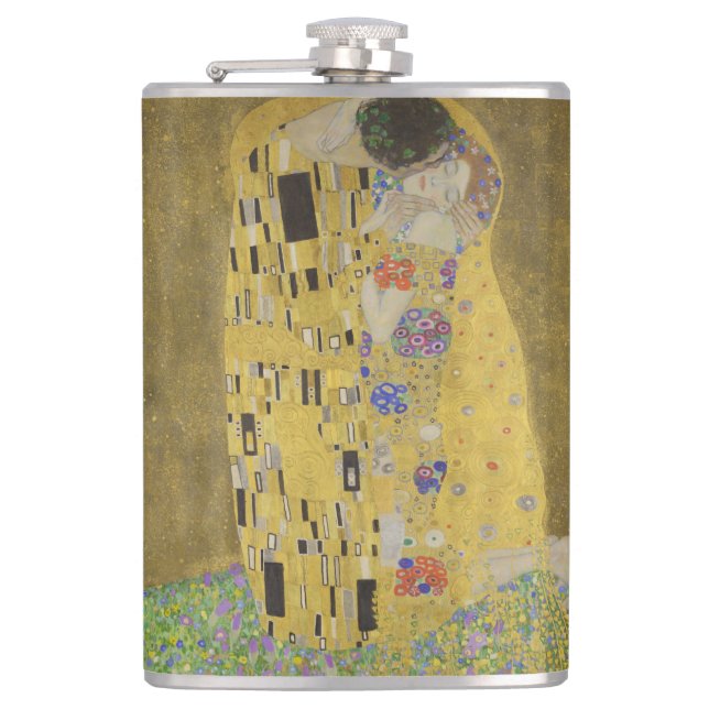 The Lovers Kissing Embrace by Gustav Klimt Hip Flask (Front)