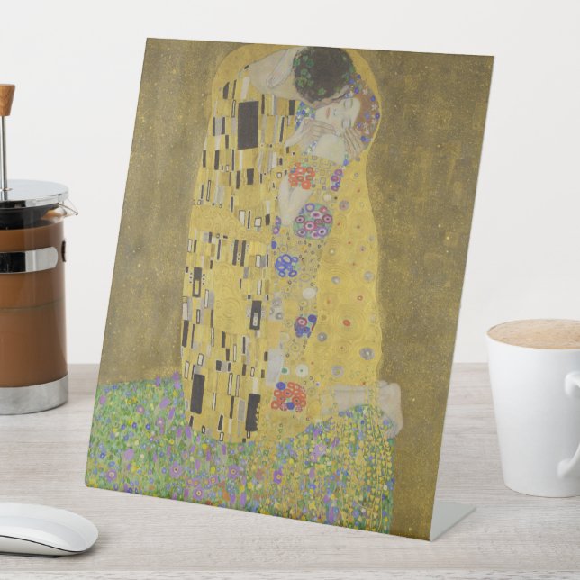 The Lovers Kissing Embrace by Gustav Klimt Pedestal Sign (In SItu)