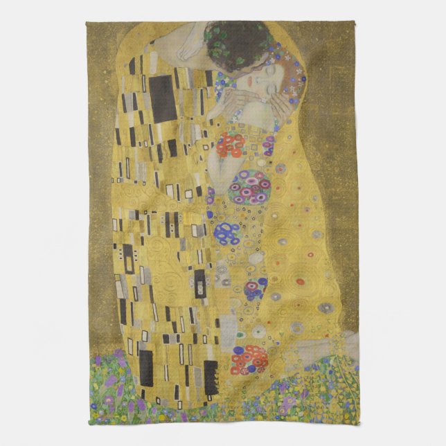 The Lovers Kissing Embrace by Gustav Klimt Tea Towel (Vertical)