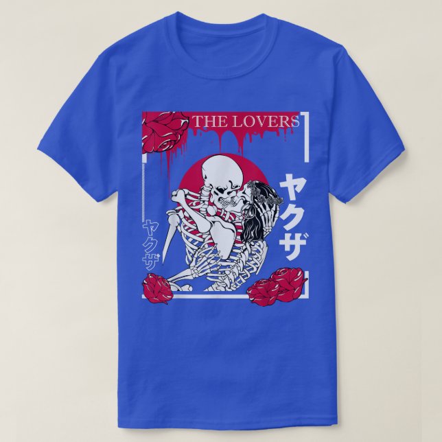 The Lovers Skeletons Japanese Kanji Red Flower Ros T-Shirt (Design Front)
