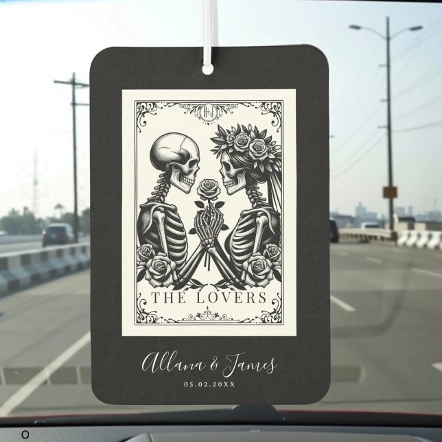 The Lovers Tarot Card Skeletons Monogram Wedding Car Air Freshener (Custom wedding air freshener with skeleton lovers tarot card design, personalized names, and date.)