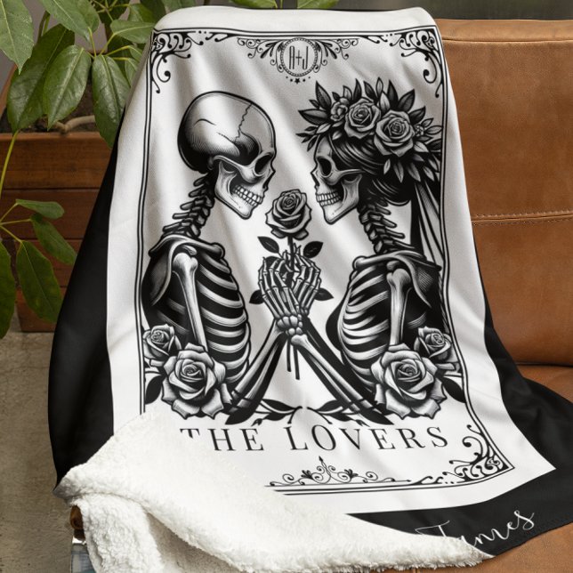 The Lovers Tarot Card Skeletons Monogram Wedding Sherpa Blanket (Creator Uploaded)