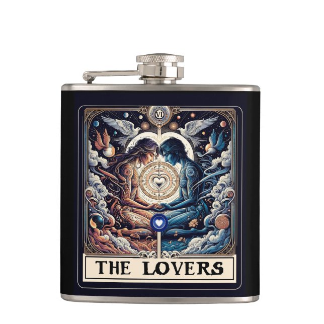THE LOVERS Tarot Celestial Man & Woman Soulmates Hip Flask (Front)