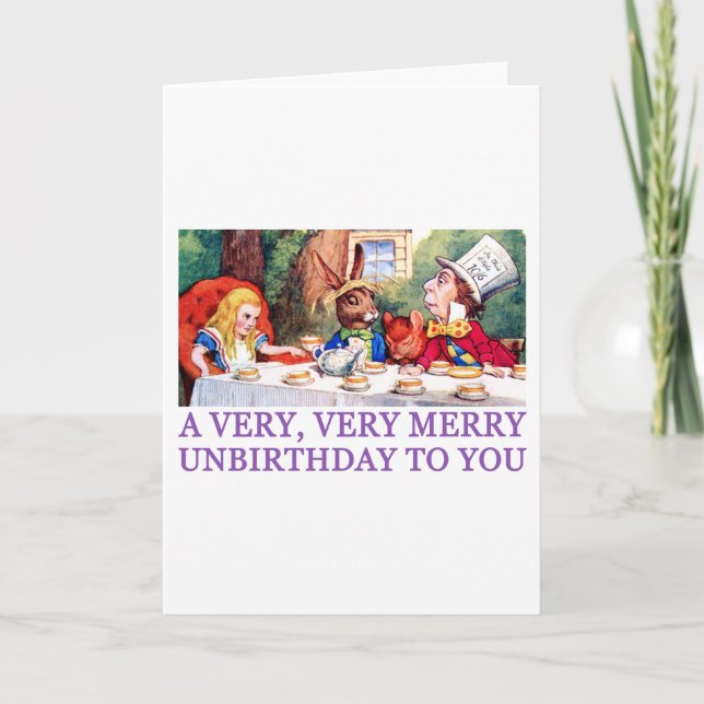 THE MAD HATTER WISHES ALICE A MERRY UNBIRTHDAY! HOLIDAY CARD (Front)
