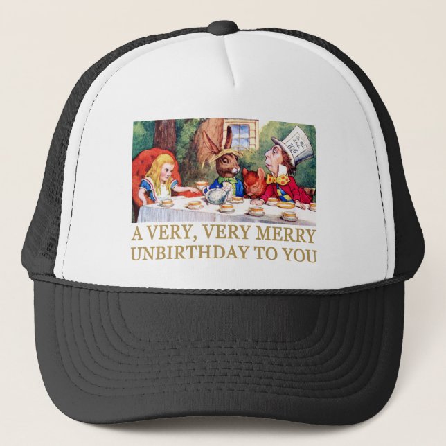 THE MAD HATTER WISHES ALICE A MERRY UNBIRTHDAY! TRUCKER HAT (Front)