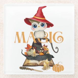 The Magic Witch Owl Fall Themed Glass Coaster
