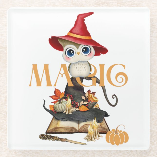 The Magic Witch Owl Fall Themed Glass Coaster (Front)
