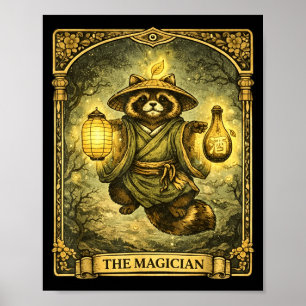 The Magician Tarot Card Tanuki Yokai Racoon Poster