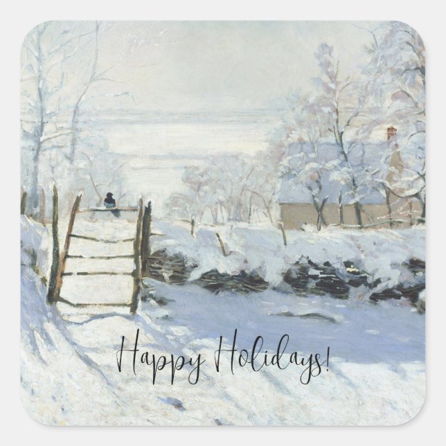 The Magpie by Claude Monet Happy Holiday Square Sticker (Front)