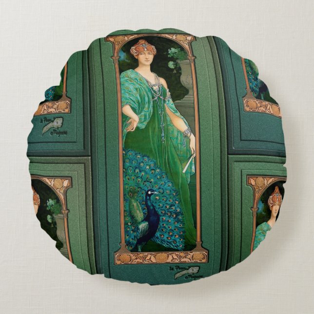 The Majestic Peacock by Élisabeth Sonrel Old Maste Round Cushion (Front)