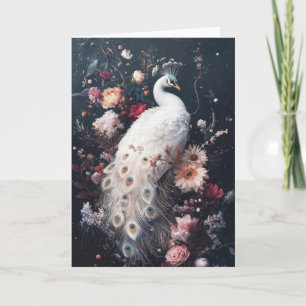 The Majestic White Peacock Surrounded by Blooms Card