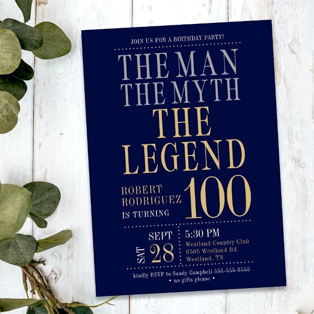 The Man The Myth The Legend 100 Birthday Party Invitation (Creator Uploaded)