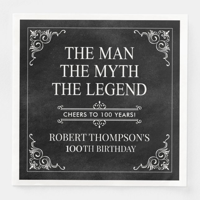The Man The Myth The Legend 100th Birthday Black  Napkin (Front)