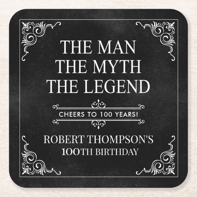 The Man The Myth The Legend 100th Birthday Black  Square Paper Coaster (Front)
