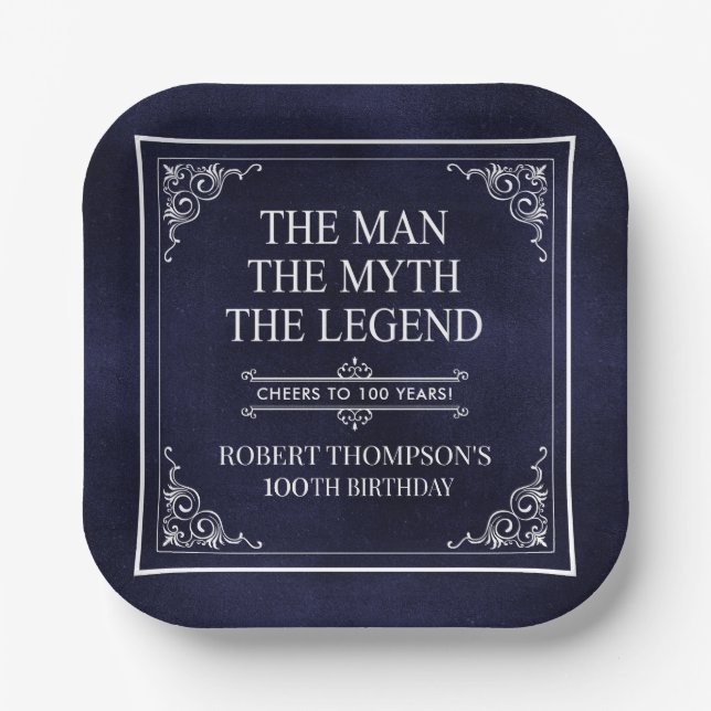 The Man The Myth The Legend 100th Birthday Blue Paper Plate (Front)