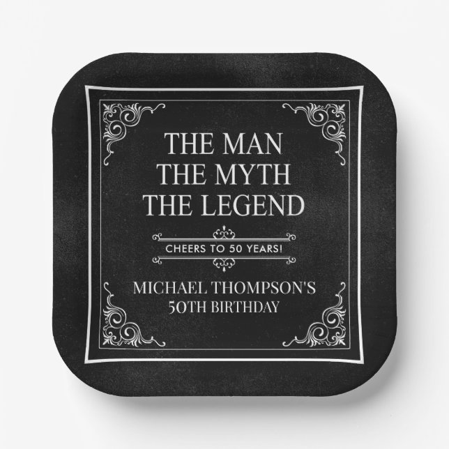 The Man The Myth The Legend 50th Birthday Black  Paper Plate (Front)